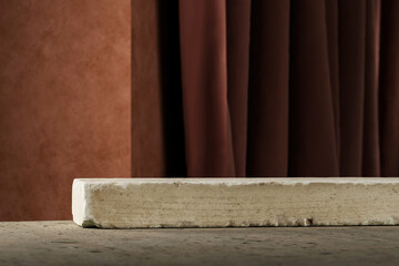 A stone slab rests on a cement floor. Brown cement backdrop and dark curtains. Backdrop for product presentation. 3D illustration