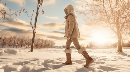 close up woman feet wearing boots walking in winter park with snow flakes covered the road path, Generative Ai