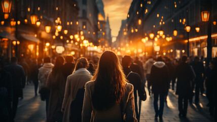 Crowd of people, pedestrians on the background of the evening street of the big city