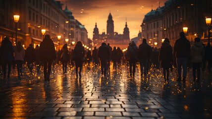 Crowd of people, pedestrians on the background of the evening street of the big city - obrazy, fototapety, plakaty