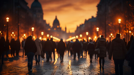 Obraz premium Crowd of people, pedestrians on the background of the evening street of the big city