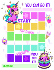 Reward chart for girls. Unicorns and sweets. Table of behavior and work routine for children. Vector illustration