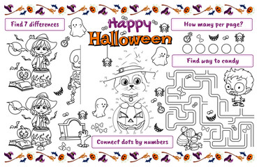 Festive placemat for children. Print out the activity sheet Happy Halloween with a maze, connect the dots, and find the difference and coloring page. 17 x 11 inch printable vector file