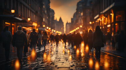 Crowd of people, pedestrians on the background of the evening street of the big city