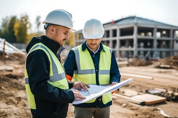 Construction supervision team Civil engineers wearing Safety gear discussion with consultants about detail of building at construction site.