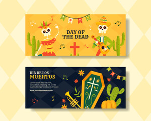 Dia de Los Muertos Horizontal Banner Illustration Flat Cartoon Hand Drawn Templates Background