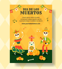 Dia de Los Muertos Vertical Poster Illustration Flat Cartoon Hand Drawn Templates Background