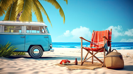 van with deck chair and beach accessory on tropical beach, van life. summer travel.