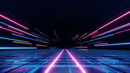 3d abstract technology glowing neon fast speed light background, empty space scene, reflection floor, virtual reality, cyber space futuristic sci-fi background, motion line high speed for mock up. © TANATPON