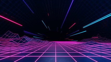 3d abstract technology glowing neon fast speed light background, empty space scene, reflection floor, virtual reality, cyber space futuristic sci-fi background, motion line high speed for mock up. © TANATPON