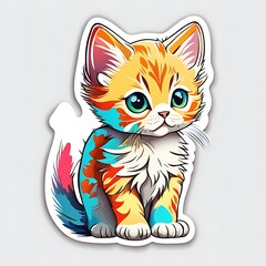 photo of a beautiful and colorful cat sticker isolated on white background. Generative AI