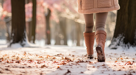 close up woman feet wearing boots walking in early winter park with dry crispy leave and snow flakes covered the road path, Generative Ai