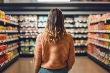 Rolgordijnen Back view of young woman standing in front of shelf in supermarket. © Viewvie
