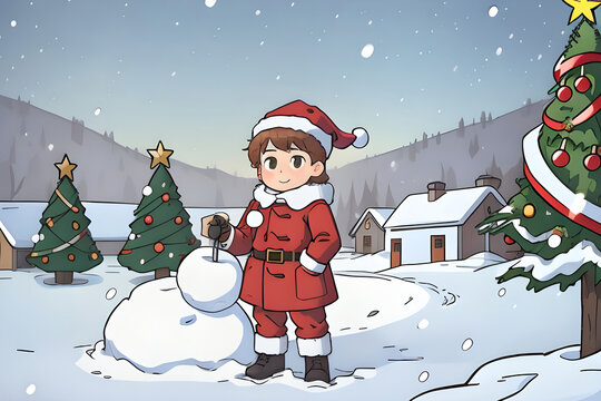 boy wear santa outfit and pine tree in winter ai generated