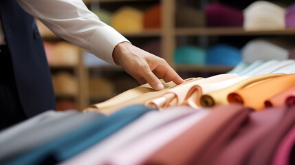 Obraz premium Close up hand of the customer is selecting the fabric type and sample color.