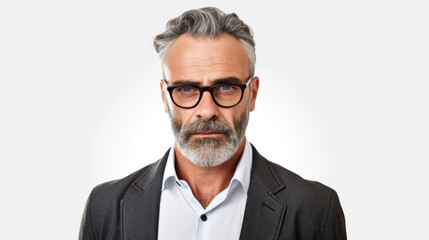 Portrait of an adult man in glasses with a beard on a white neutral background