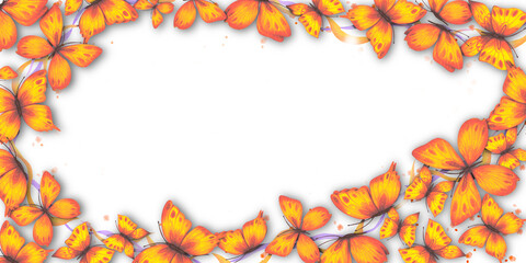 Horizontal frame with abstract butterflies in orange and yellow tones, watercolor. Background with butterflies.