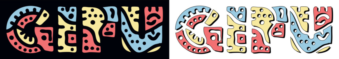 GIFU. Doodle isolate text. Colored curves decorative doodle letters. Folk artwork style. Japanese prefecture GIFU for travel print, tourist booklet, banner, flyer.