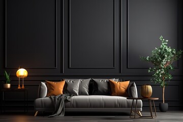 Blank horizontal poster frame mock up in style living room interior, modern living room interior...