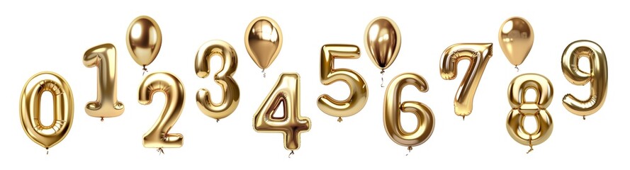 Golden Number Balloons, 0, 1, 2, 3, 4, 5, 6, 7, 8, 9. Foil balloons on transparent background. Helium ballons. Party, birthday, celebrate anniversary and wedding.