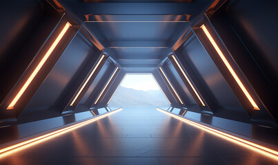 empty long light corridor designed as a futuristic Sci-Fi triangle tunnel