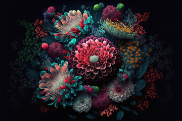 Fototapeta na wymiar Fantasy flowers abstract wallpaper. AI 