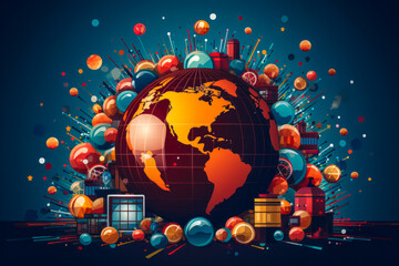 Obraz premium Exciting flat design showcasing global media connectivity with a globe, microphone, camera and newspaper icons tied together by dotted lines.