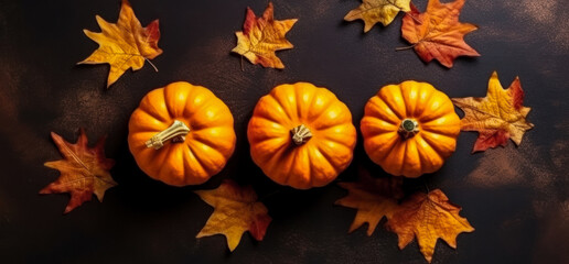 Naklejka na ściany i meble Pumpkins and maple leaves on the table, an idea for a Halloween card.