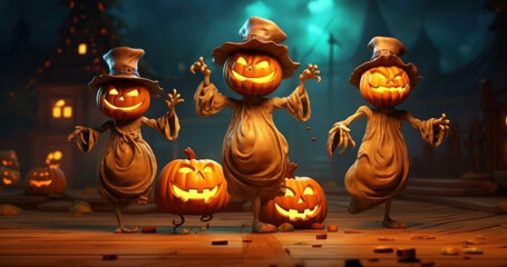 Dancing scary pumpkins, idea for a banner or postcard with pumpkins for Halloween.