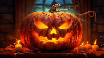 Postcard with a scary pumpkin with glowing eyes on the holiday of Halloween.