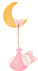 Cute baby girl shower, newborn sleeping watercolor hand painting