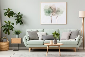 Vertical mock up poster frame in olive green modern interior background, living room, Scandinavian style.