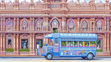 Foto op Canvas Charming sketch of ornate Indian architecture, vibrant colors, detailed carvings, urban cityscape with traditional street vendors and tuk-tuks. Infuses historic and cultural essence. © XaMaps