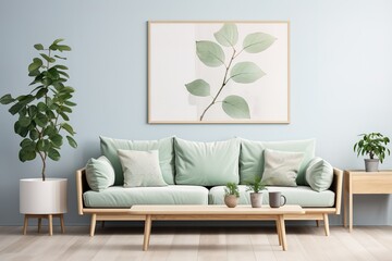 Vertical mock up poster frame in olive green modern interior background, living room, Scandinavian style.