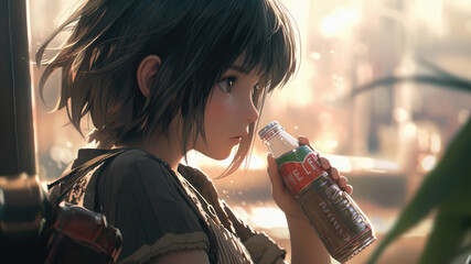 Beautiful young woman sipping on a cold refreshing soda - Generative AI - obrazy, fototapety, plakaty