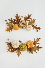 Gardinen Round frame wreath made of dried oak leaves, acorns, pumpkins on white background with blank copy space. Flat lay, top view mockup © Floral Deco