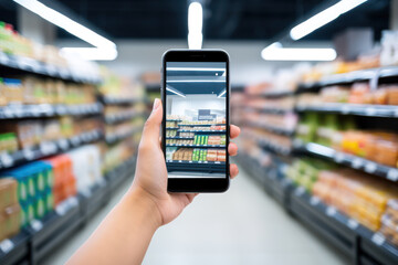 Fototapeta na wymiar Modern Consumer: Female Hand Holding Smartphone at Supermarket, Embracing Tech-Savvy Shopping Experience