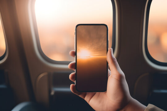 In-Flight Digital Experience: Passenger Uses Smartphone Against Blurred Plane Interior