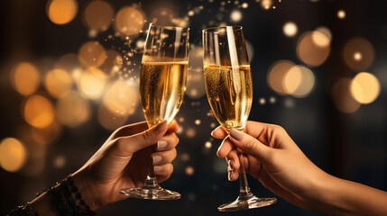 Couple holding glasses of champagne, New Year's toast and feast