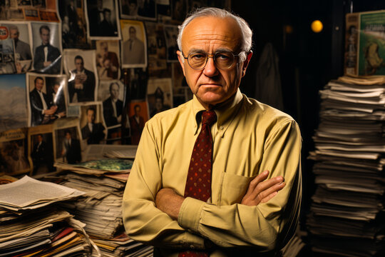 Commanding Editor-in-Chief, sternly overseeing a wall of newspaper headlines, embodying press freedom and journalistic integrity.