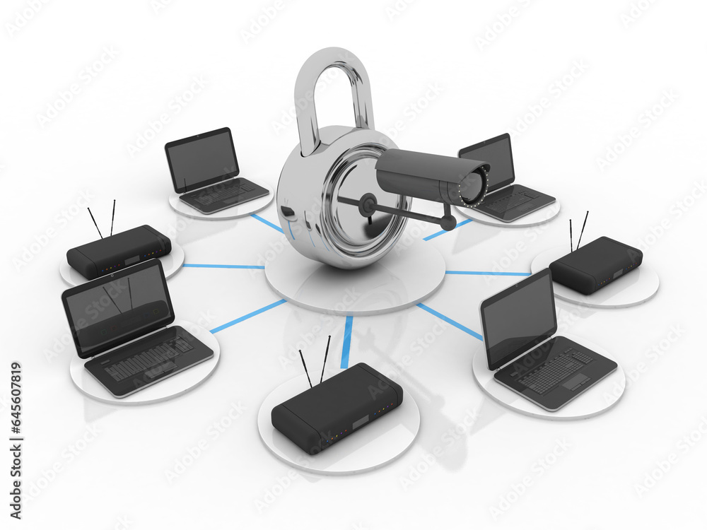 Poster 3d rendering technology computer modem network under cctv camera