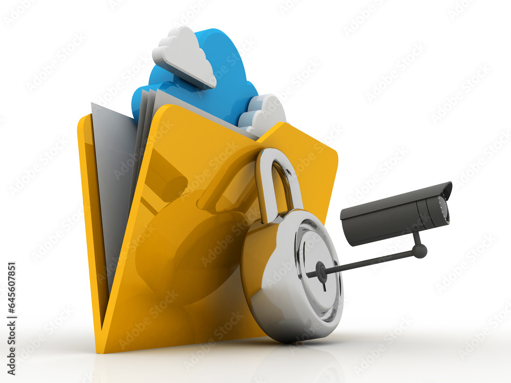 Aufkleber 3d rendering yellow folder and lock. data security concept under cctv camera