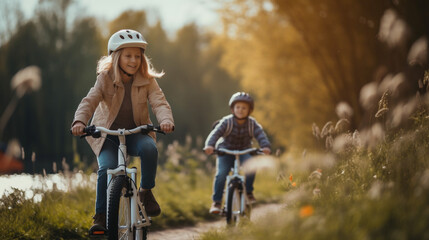 Mom teaching her son biking at park