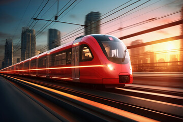Fototapeta premium A red and white train traveling down train tracks. High-speed suburban train at sunset.