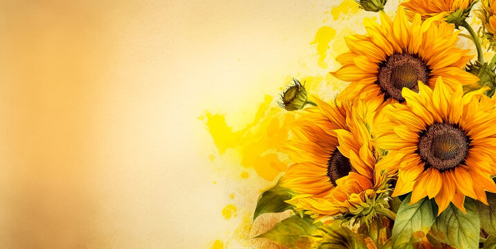 Flyer for advertising or border with sunflowers, bright illustration.