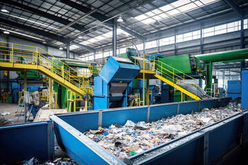Waste sorting plant. Many different conveyors and bins. conveyors filled with various household waste. Waste disposal and recycling. Waste processing plant. - obrazy, fototapety, plakaty