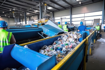Fototapeta na wymiar Waste sorting plant. Many different conveyors and bunkers. Workers sort the garbage on the conveyor. Waste disposal and recycling. Waste recycling plant.
