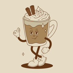 Funny Retro cartoon Pumpkin Character in groovy 50s, 60s, 70s Vintage Style. Happy Autumn mascot with pumpkin spice latte, pumpkin pie, pudding, cake, cupcake, waffles, donut and coffee.