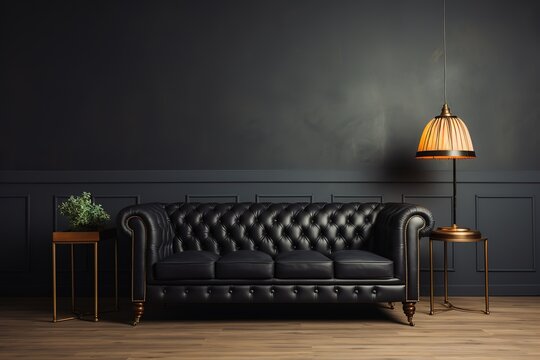 Dark blue sofa and recliner chair in scandinavian apartment. Interior design of modern living room.