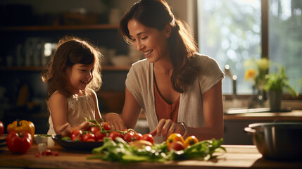 Naklejka premium Mother and daughter preparing food in the kitchen